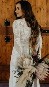 Ivory Lace A-line V-neck Long Sleeves Sweep Train Boho Wedding Dresses